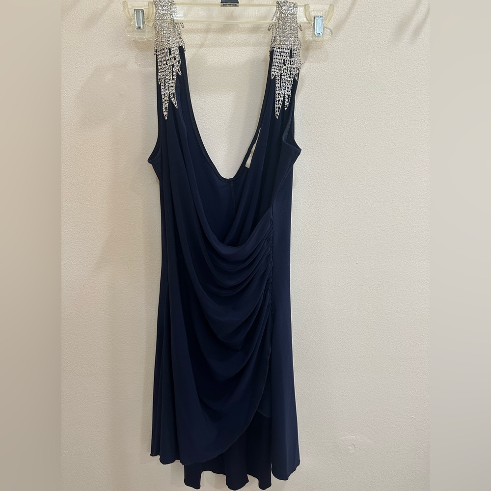 Elegant Navy Blue Embellished Top & Pants Set